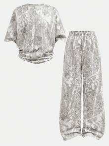 SHEIN 少女树叶印花圆领宽松落肩卫衣和直筒裤两件套，舒适休闲，适合日常穿着和上学。 - 彩色 - 查看 7
