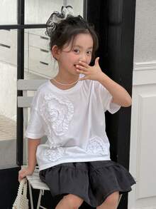 DAZY 女童褶皱3D花朵宽松短袖露脐休闲T恤