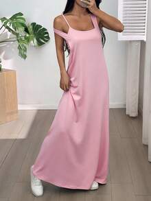 SHEIN EZwear 女士不对称领口无袖休闲连衣裙，夏季连衣裙，内置胸罩，浅粉色 - 淺粉色 - 查看 3