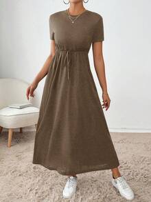 SHEIN Essnce 女士休闲纯色抽绳腰短袖连衣裙，夏季 - 棕色 - 查看 5