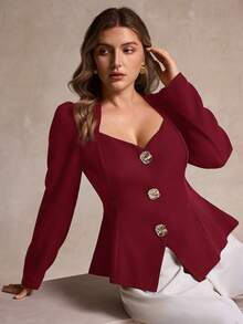 Elegantrix Áo sơ mi nữ cỡ lớn cổ tim cài kim loại thời trang, thích hợp cho mùa Thu/Đông. - Màu Đỏ Sâu - Xem 1