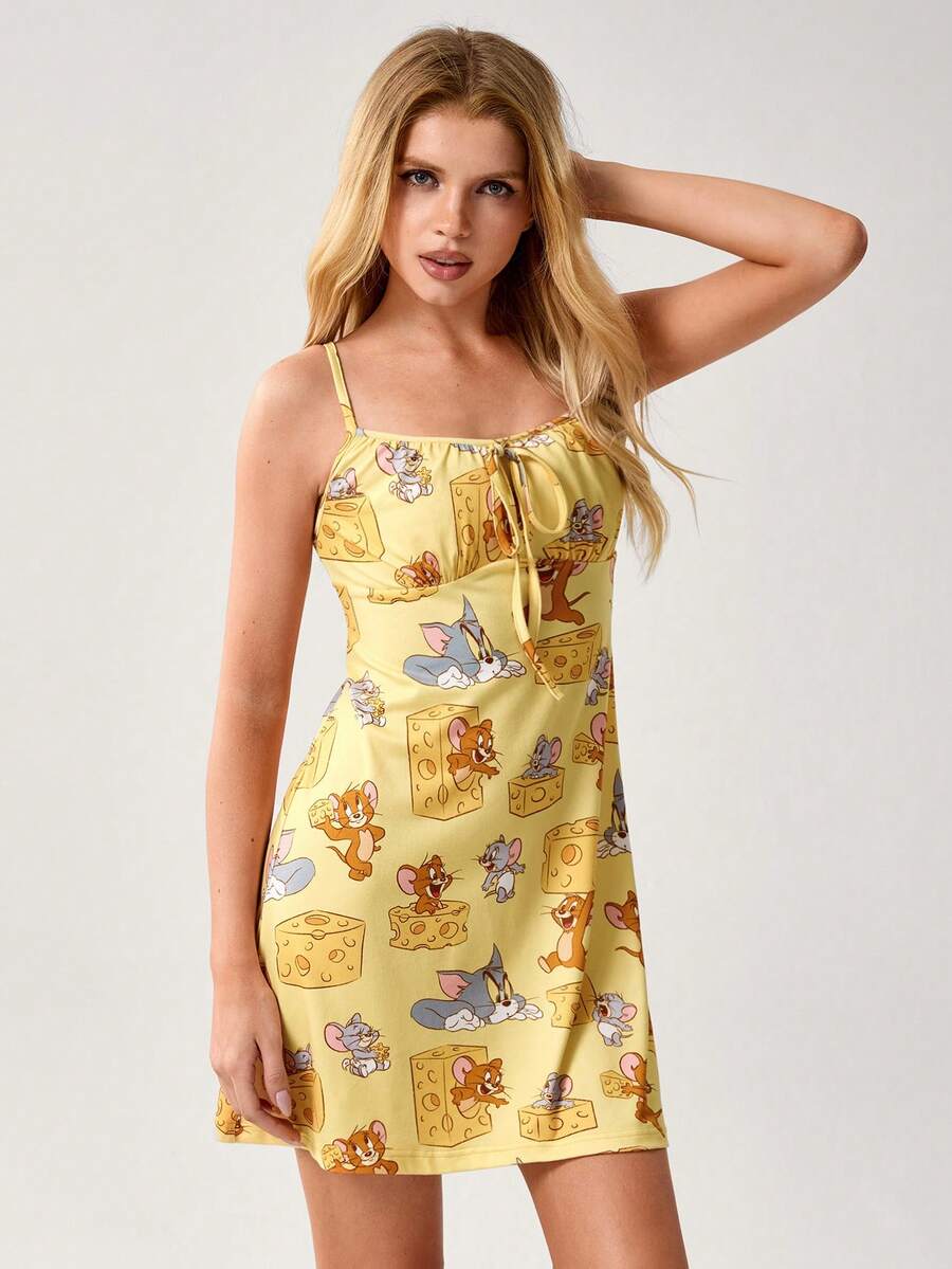 TOM & JERRY X SHEIN Women's Cute Cartoon Cheese Print Ruched Knot Front Camisole Nightgown, Summer