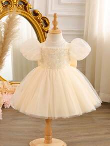 Glamorique Kids 女婴香槟色薄纱缎面玫瑰刺绣短袖连衣裙，优雅公主裙，适合生日、婚礼、派对、度假等场合 - 香檳色 - 查看 2