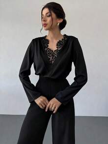 Firerie 新款优雅浪漫情人节白色深V领蕾丝拼接长袖办公衬衫 - 黑色 - 查看 4