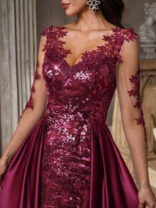 Aureia Elegant Black Beaded Sequin Patchwork Satin Sheer Long Sleeve V-Neck Fishtail Maxi Dress With Flowing Train,Perfect For Formal Weddings,Parties,Galas - Burgundy - View 4