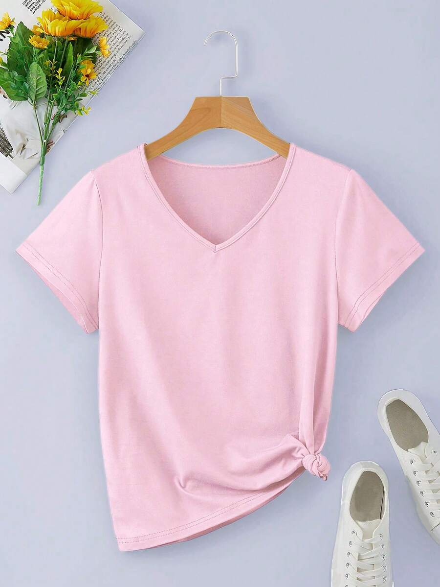 INAWLY Solid V Neck Tee - Baby Pink - View 1