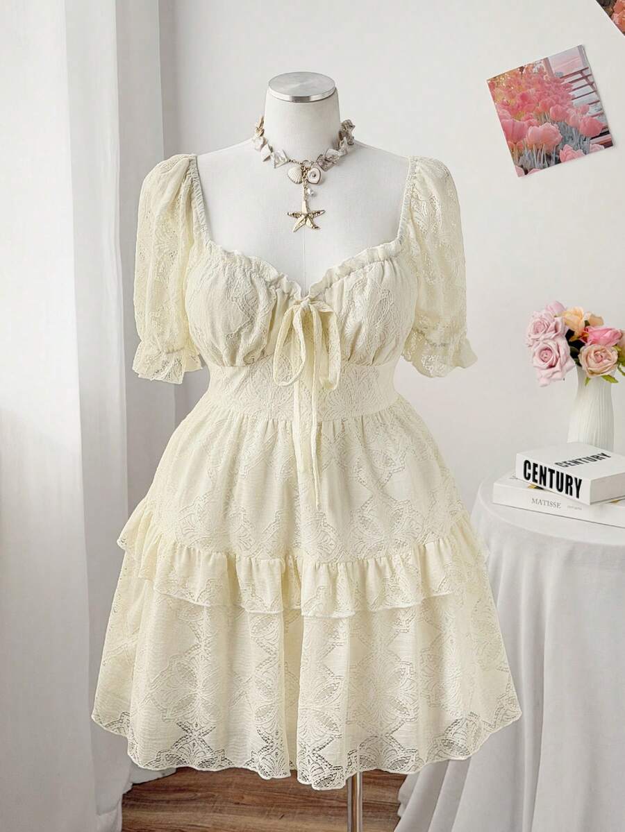 Sweetra High-End Luxury French Lace Dress, New Fashion Elegant Party/Evening Dress, Square Collar, Ruffle Sleeve, Scalloped Hem Patchwork Mini Dress, Graceful Birthday Party Cocktail Dress - Apricot - View 1