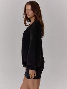 MUSERA Oversized Wrap Over Front Fitted Cuff Knit Mini Dress Autumn Winter Knitwear Casual Going Out Sexy Everyday Night Out Cute  Cosy   Valentines Spring - Black - View 4