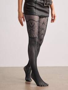ROMWE Avant 1 đôi tất lưới ren hoa gợi cảm, quần tất đen kiểu retro, tất mỏng và co giãn trong suốt. - Ngôi sao bất đối xứng màu đen - Xem 3