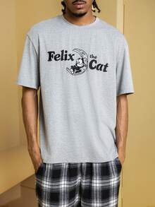 Felix The Cat X SHEIN Bộ đồ ngủ nam tay ngắn họa tiết chữ và mèo thoải mái kèm quần kẻ caro - Xám - Xem 3