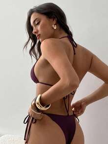 Aloruh Bộ bikini in họa tiết nhuộm loang mùa hè mới dành cho nữ, trang trí vỏ sò lấp lánh gợi cảm cho lễ hội âm nhạc, đồ bơi nữ, trang phục đi biển nữ, trang phục đi nghỉ cho nữ - Màu tím - Xem 3