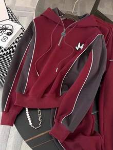 Franclia Sweatshirt lengan panjang berkerudung dengan resleting setengah dan bahu jatuh + celana kasual bertali - Burgundy - View 3