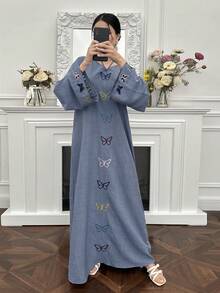 Yasmyna Women's Butterfly Embroidered Long Sleeve Loose Casual Halter Dress Kaftan Jalabiya Dress - Dusty Blue - View 6