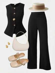 Girlism Everyday Casual Teen Girls Black Tank Top Co-Ord With Starfish Button Details And Long Straight Pants - Black - View 4