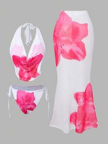 Swim Oasis 大码女式夏季沙滩印花露背系带性感比基尼套装配纱笼裙 - 白色 - 查看 1