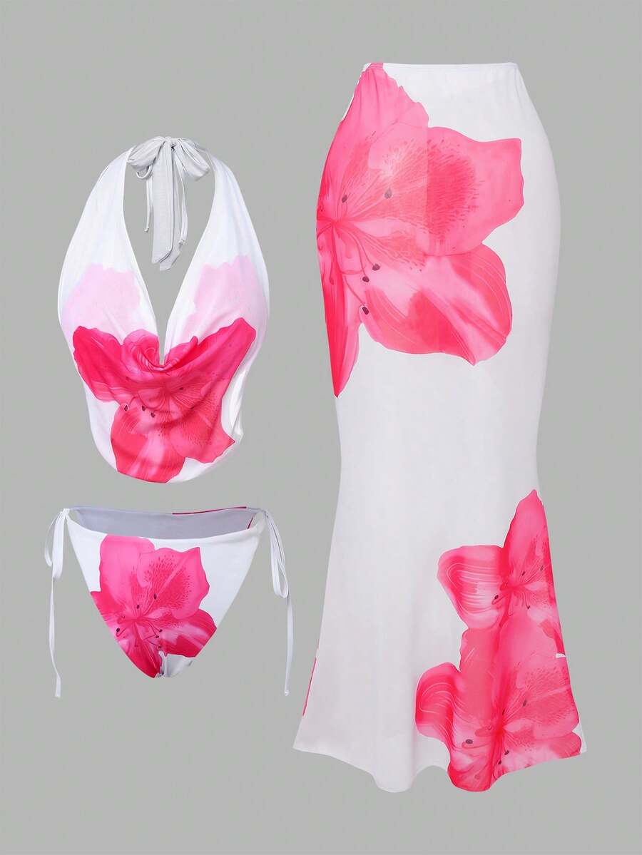 Swim Oasis 大码女式夏季沙滩印花露背系带性感比基尼套装配纱笼裙 - 白色 - 查看 1