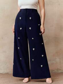 Valentine Anewsta Women's Plus Size Elegant Formal Pants, Chic Luxury Embellished Slim Fit Trousers For Party, Work, Graduation, Wedding, Red Dress - Navy Blue - View 3