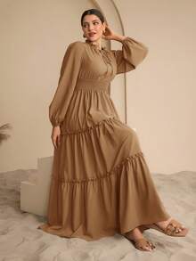 Graceveil Đầm chữ A dài thêm cho nữ, có bèo nhún ở gấu và thắt eo. - Màu Khaki - Xem 5
