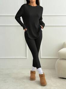 SHEIN PETITE Drop Shoulder Ribbed Knit Tee & Leggings Textured Fabric Two Pieces - Black - View 7