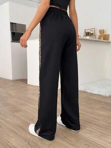 EURMUSE Leopard Trim Belly Detailed Long Wide Leg Black Pants - Black - View 2