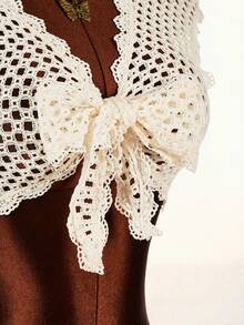 Amplova 2026 New V-Neck Front Tie Cropped Top, Knit-Look Fabric - Apricot - View 8