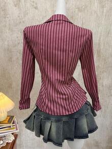 Glimmora Camisa ajustada de manga larga a rayas burdeos con estilo retro chic para mujer - Burdeos - Ver 2