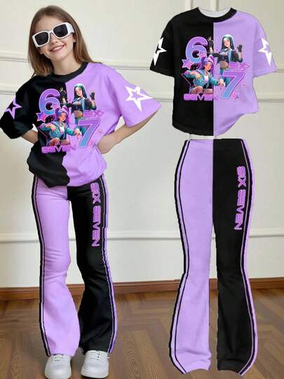 Young Girls' Colorblock Short Sleeve Round Neck Loose T-Shirt Set