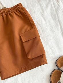 SHEIN 2pcs Young Boy Spring/Summer Fashion Striped Sleeveless T-Shirt Top And Cargo Shorts Set, Comfortable Casual Daily Outfit, Back To School - Brown - View 6