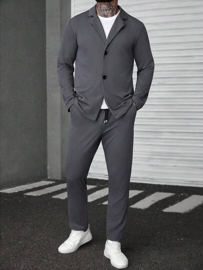 Manfinity CasualCool Men's Solid Color Minimalist Casual Long Sleeve Shirt And Pants Set Men Casual Suit 2 Piece Men Outfit Men Suit Set Grey Men Joggers Suit,Daily Leisure, Weekend Trips, Outdoor Activities, Travel Expeditions, Relaxed Work Environments Or Semi-Formal Occasions, Boyfriend/Husband Gift, Anniversary /Birthday Gift Party Summer Vacation Holiday New Years Wedding Valentine's Day