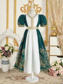 SHEIN 1 pieza Vestido elegante y lujoso para niñas con tela metálica tejida, encaje dorado y decoración con cuentas, cuello en V y mangas abullonadas, adecuado para uso diario, fiestas y banquetes - Verde Oscuro - Ver 7