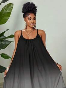 Eryvara 女士休闲度假沙滩旅行吊带圆领彩色扎染印花波西米亚风拼接A字荷叶边长裙，适合所有季节 - 灰色 - 查看 7