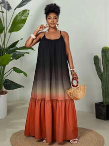 Eryvara 女士休闲度假沙滩旅行吊带圆领彩色扎染印花波西米亚风拼接A字荷叶边长裙，适合所有季节 - 紅色 - 查看 4