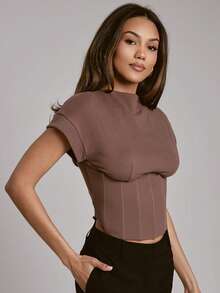 Hauture Women's Sexy Simple Front Boning With Brushed Knit Jersey Daily Top - Brown - View 5