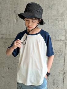 SHEIN Tween Boy Blue And White Stripe Raglan Sleeve Round Neck T-Shirt,Summer Casual Back-To-School Clothes For Outdoor Play,School Korean Fashion Tops - Multicolor - View 5