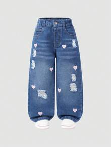 SHEIN ChillGRL 女童/幼儿时尚雪花水洗做旧刺绣喇叭裤 - 藍色 - 查看 7