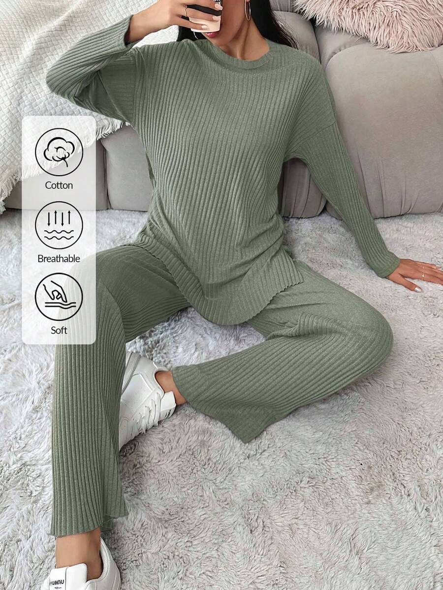 EURMUSE Cotton Women's Solid Color Dropped Shoulder Ribbed T-Shirt And Pants Set - Olive Green - View 1
