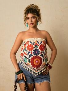 Travachic 加大码露脐上衣，女士夏季印花宽松抹胸上衣 - 杏色 - 查看 4