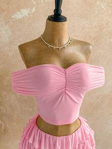 Soleia Bộ gồm áo croptop trễ vai xếp ly và chân váy mini nhiều lớp, phong cách Bohemian, Boho, đi nghỉ mát, trang phục nữ mùa thu, vintage, lễ hội. - Màu Hồng baby - Xem 5