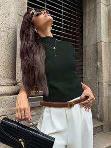 Firerie Elegant High Neck Loose Casual Versatile Sleeveless Knit Sweater Vest Going Out Tops Women,Tops For School In Fall/Winter - Dark Green - View 11