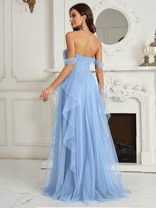 SHEIN Belle Adult Women's Off Shoulder Ruched Bust Asymmetrical Ruffled Hem Bridesmaid Dress - Baby Blue - View 2