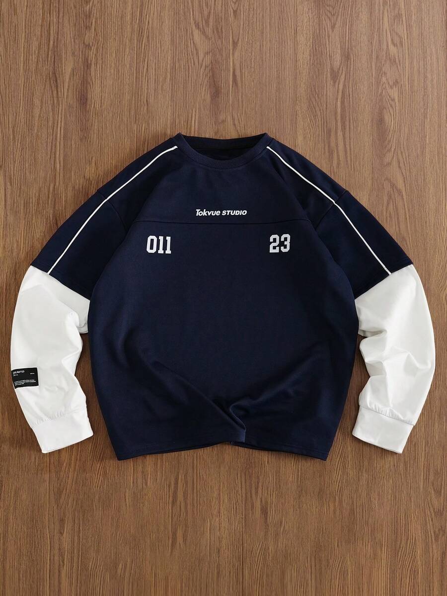 TOKVUE 男士撞色拼接数字印花长袖T恤 - 彩色 - 查看 1