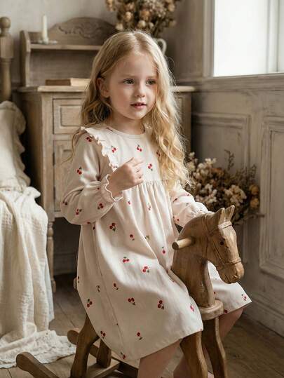 Vintaside Kids Girls' Casual Spring Autumn Dress, Cherry Print, Crew Neck, Long Sleeve, Sweet And Cute, Ruffle Shoulder, Light Apricot Dress, Button Decoration, Ribbed Velvet Skin-Friendly Fabric, Sweet Retro Style, Spring Autumn Casual Style Dress, Suitable For Birthday Party, Evening Party, Performance, Wedding, Baptism, Opening Ceremony, School, Travel, Autumn Winter Warm Gathering, Outdoor Outing, Holiday Outfit Cherry Dress Kids Long Sleeve Kids Dress Girls Spring Autumn French Style Dress Little Girl Nightgown Autumn Dress Kids