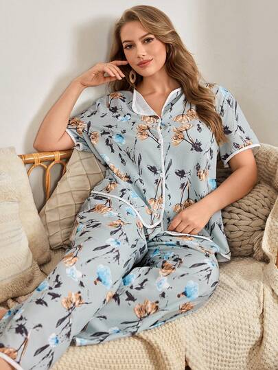 Plus Size Floral Print Woven Cardigan Short Sleeve Pajama Set, Suitable For Home Wear, Spring/Summer