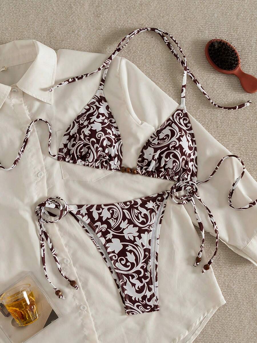Swim Vcay 2pcs Women's Spaghetti Strap Backless Beach Vacation Swimsuit Set, Spring/Summer Boho Bikini Set ,Valentine's Day,Carnival - Multicolor - View 1