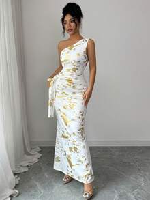 Selianne Women's Elegant Gold Foil Print One-Shoulder Fishtail Dress, Summer - White - View 7
