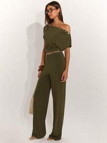 SHEIN BAE Women's Army Green Everyday Casual Comfort Knitted Button-Decorated Straight Leg Pants. Suitable For Casual Wear, Commuting, Beachwear, Vacations, Summer, Spring Break, And More, Going Out, Beach For Women - Army Green - View 3