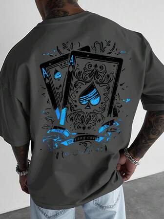 Manfinity LEGND Camiseta masculina de manga curta com gola redonda e ombros caídos com estampa criativa de cartas de baralho.