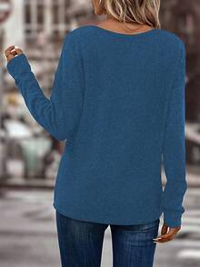 EMERY ROSE 女士休闲百搭简约V领长袖T恤，秋冬款 - 藍色 - 查看 2