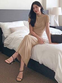 DAZY Women's Mock Neck Wrap Midi Dress - Khaki - View 1