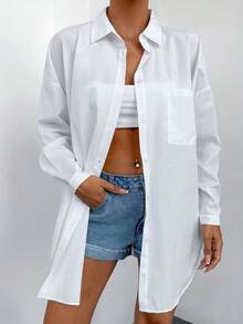 EURMUSE Cotton Solid Drop Shoulder Pocket Patched Shirt - White - View 5